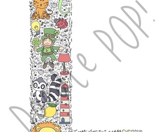 May include: A whimsical illustration of the letter L, filled with colourful doodles of animals, plants, and objects. The letter is outlined in black and filled with a variety of colours, including green, red, yellow, and blue. The doodles include a lemur, a lion, a ladybug, a lighthouse, a lemon, a lamp, a shamrock, a leprechaun, a lizard, and a heart with the word "love" written on it.