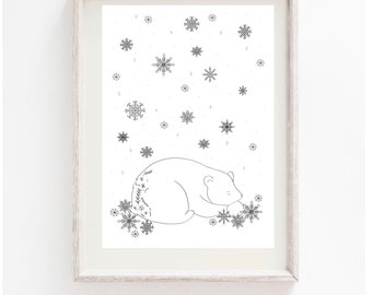 Puede incluir: Un dibujo en blanco y negro de un oso polar durmiendo en una cama de copos de nieve. El oso está rodeado de una ráfaga de copos de nieve.