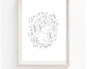 May include: A black and white line drawing of an elephant surrounded by flowers and leaves. The elephant is sitting down with its trunk raised.