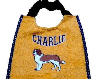 Personalized Saint Bernard dog drooling bib with name - super comfortable - adjustable and waterproof backing