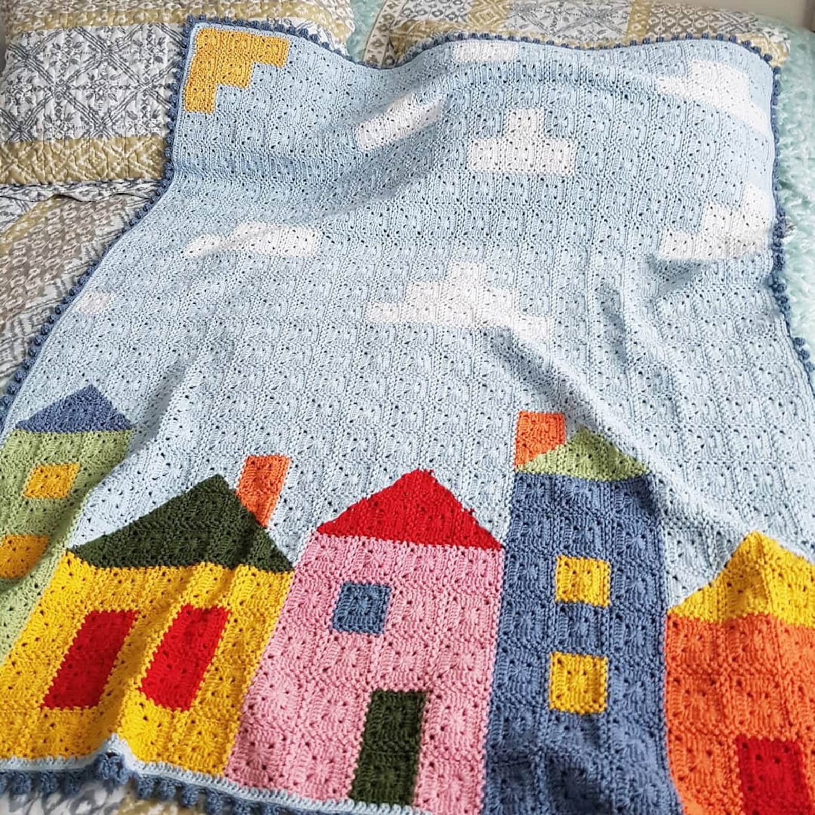 Crochet Houses Blanket Colorful Throw Blanket Perfect Etsy