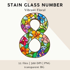 Clipart di numeri digitali in vetro colorato, file PNG di numeri di mosaico floreale vibrante per lavori didattici, progetti fai da te e decorazioni per la casa