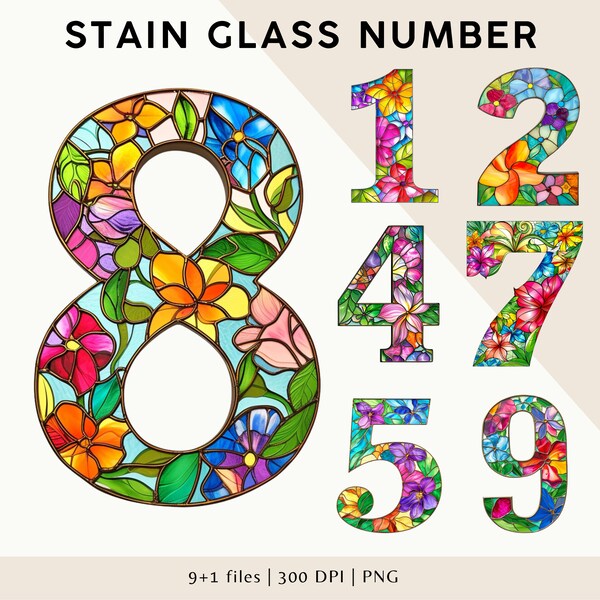 Stained Glass Digital Numbers Clipart, Vibrant Floral Mosaic Number PNG Files for Educational Crafts, DIY Projects & Home Decor