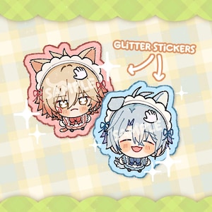以下が含まれることがあります： アニメスタイルのキャラクターが描かれた2つのグリッターステッカー。1つはピンクの縁取りと金髪のキャラクター、もう1つは青い縁取りと青い髪のキャラクターです。どちらも猫耳のメイド服を着ています。テキスト：'Glitter Stickers'。