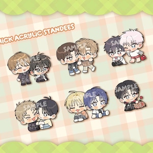 May include: A selection of thick acrylic standees with chibi anime character pairs. The standees showcase different hair colours and outfits. The text "THICK ACRYLIC STANDEES" is at the top, and "SAMPLE" is visible on some.