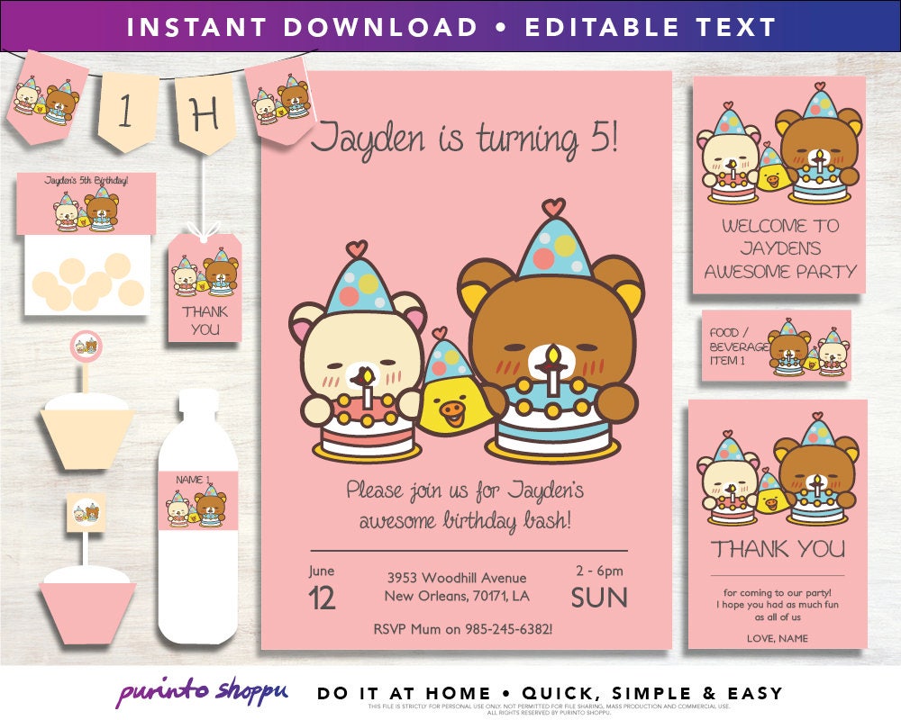 Rilakkuma Bear Birthday Party Printables / Invitation | Etsy