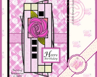 May include: A rectangular greeting card featuring a pink and white plaid background with a central vertical panel. The panel displays a stylized pink rose with green leaves, three black squares, and a white square with the text Happy Birthday.
