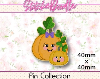 May include: A pin collection featuring two orange pumpkins with smiling faces, pink cheeks, and green stems. The larger pumpkin has a purple bow. Text reads StitcheDoodle and Pin Collection. The dimensions are 40mm x 40mm on a floral background.