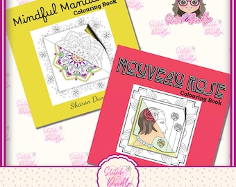 May include: Two square coloring books. The yellow book is titled Mindful Mandalas Colouring Book by Sharon Dun and features a mandala illustration. The pink book is titled Nouveau Rose Colouring Book and features a profile illustration of a person.