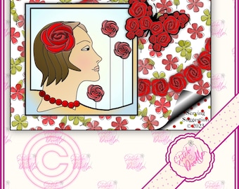 May include: A digital illustration featuring a profile view of a person with brown hair adorned with a red rose, wearing a red beaded necklace. A large butterfly made of red roses sits above, with a background of red and green flowers and text.