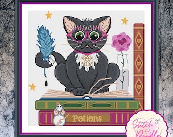 May include: A cross-stitch pattern featuring a dark gray cat wearing pink glasses and a white collar with a gold pentagram pendant. The cat sits on a stack of books, one labeled Potions, holding a blue quill. Includes a pink flower and stars.