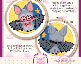 May include: Cross-stitch pattern featuring a cartoon bat wearing glasses and a bow tie, set against a yellow moon and blue starry sky. The design is displayed on a wooden embroidery hoop, with the text "FRONT" and "BACK" visible. The pattern is 88 x 80 stitches and uses 12 DMC colors.