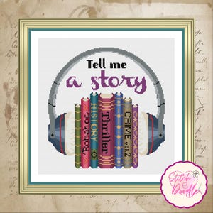 Tell Me A Story Audiobook Cross Stitch Chart. Wzór książkowy. Książki, powieści, audiobook, czytanie, biblioteka. PDF. Patternkeeper. Mulina DMC.