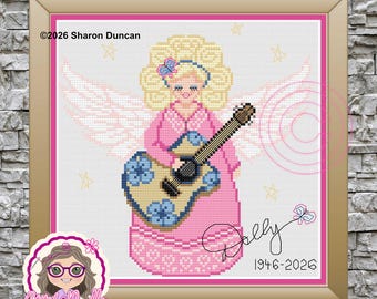 May include: A cross-stitch pattern featuring a blonde angel with wings, wearing a pink dress and holding a guitar with blue flowers. The design includes the text 2026 Sharon Duncan, Dolly, and 1946-2026, surrounded by small yellow stars and a butterfly.