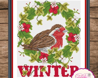 Punto de cruz de temporada con diseño de petirrojo invernal. Petirrojo: compatible con Pattern Keeper (patrón en PDF).