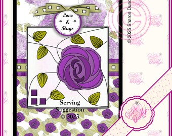 May include: A rectangular greeting card featuring a central purple rose illustration with green leaves on a white background. A circular tag reads Love & Hugs. The card includes a green ribbon, purple squares, and text stating Serving Suggestion © 2023.