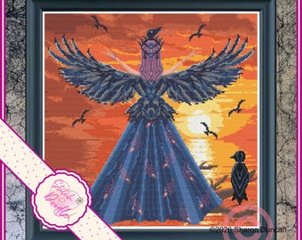 May include: A framed cross-stitch pattern featuring a figure with large dark wings and a long blue dress standing against an orange sunset. A small bird sits on the figure's head, while others fly nearby. The text Stitch Doodle is visible.