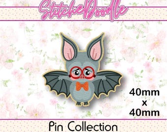 May include: A gray bat pin with large ears, red glasses, and an orange bowtie. The pin measures 40mm x 40mm. The text "StitcheDoodle" appears at the top, and "Pin Collection" is at the bottom of this graphic design featuring a floral background.