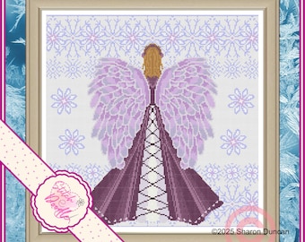 May include: A cross-stitch pattern featuring a figure with large, light purple feathered wings and long blonde hair, wearing a dark purple gown with a lace-up back design. The background displays a light blue and white snowflake motif.