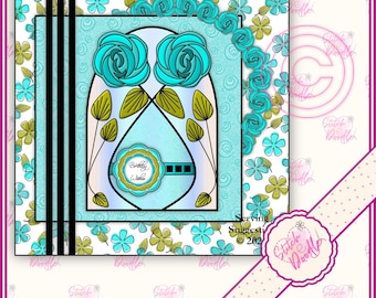 May include: A square greeting card design featuring a central arched window motif with two large turquoise roses and green leaves. The background has a pattern of small turquoise and olive flowers. A circular label reads Birthday Wishes.
