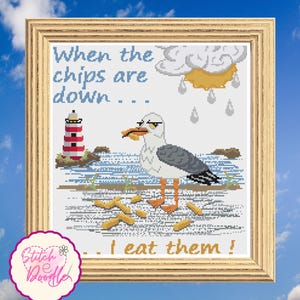 Comical Seagull Cross Stitch Chart: Chips are Down (PDF & Pattern Keeper)