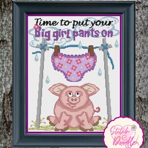 Comical Piggy Cross Stitch Chart, Big Girl Pants On: Pattern Keeper Compatible (PDF Chart)