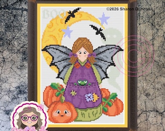 May include: A cross-stitch pattern featuring a central figure with brown hair and grey wings, wearing a purple dress with a green frog. The scene includes a yellow crescent moon, black bats, light blue stars, and orange pumpkins with faces.