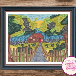 Emma&#39;s Cottage Full Coverage Cross Stitch Chart. Garden, scenery, full cover, house, home, new home. PDF and Pattern Keeper. DMC floss.