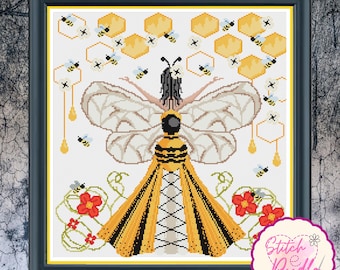 Grille de point de croix jeune fille reine des abeilles : motif floral élégant (PDF et Pattern Keeper)