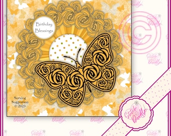 May include: A square greeting card design featuring a central yellow butterfly with a black rose pattern, surrounded by a circular wreath of yellow roses. The background is a yellow butterfly pattern with the text Birthday Blessings.