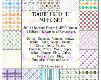 May include: A digital paper set titled TOOTIE FROOTIE PAPER SET featuring 300 A4 backing papers in JPEG format with 12 designs in 25 colorways. The image displays a grid of various patterns including circles, butterflies, flowers, shells, and music notes.