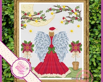 May include: A cross-stitch pattern in a gold frame featuring an angel from behind wearing a red dress with white trim and a Santa hat. Large white wings, two potted poinsettias, a crescent moon, and holly branches are depicted. Text reads 2025 Sharon Duncan.