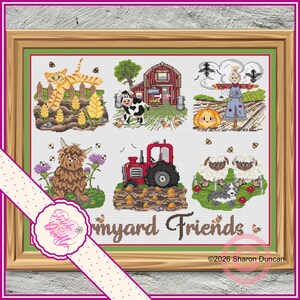 May include: A framed cross-stitch pattern titled Barnyard Friends featuring six scenes: an orange tabby cat, a black and white cow by a red barn, a scarecrow with a pumpkin, a brown highland cow, a red tractor, and two sheep with a dog.