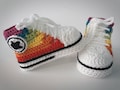 Rainbow baby crochet booties. Gay Pride baby sneakers. Ideal gift for babyshower, newborn or pregnancy announcement party. Soft and cute product logo