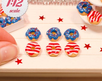 1:12 Miniature Donuts - Patriotic Mix (6pc), One Inch Scale Donuts for Independence Day, Memorial Day, Labor Day, Doughnuts for Dollhouse