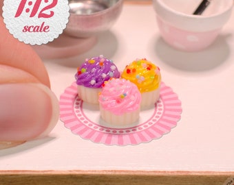 1:12 Miniature Cupcakes - Pink, Purple & Yellow w/ Sprinkles (3pc), Mini Cupcakes for One Inch Scale Dollhouse,