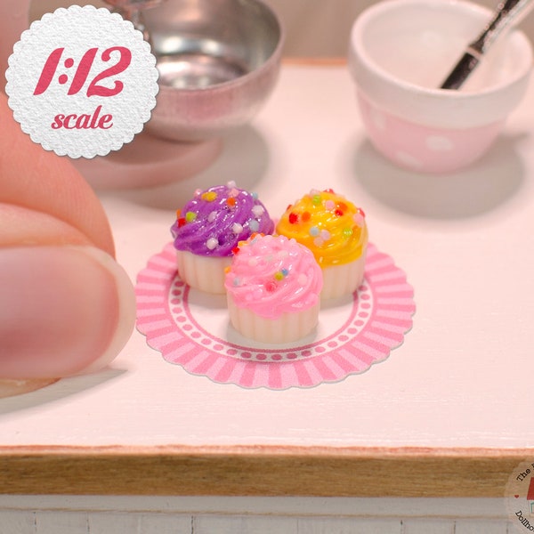 1:12 Miniature Cupcakes - Pink, Purple & Yellow w/ Sprinkles (3pc), Mini Cupcakes for One Inch Scale Dollhouse,