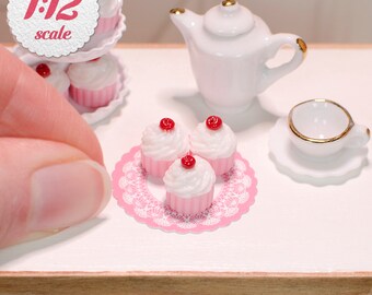 1:12 Miniature Cupcakes - Vanilla w/ Cherries (3pc), Mini Cupcakes for One Inch Scale Dollhouse,