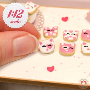 1:12 Miniature Cookies - Pink Cats (6pc), Mini Sugar Cookies for One-Inch Scale Dollhouse, Miniature Box of Cookies