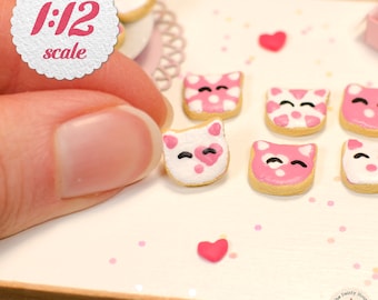 1:12 Miniature Cookies - Pink Cats (6pc), Mini Sugar Cookies for One-Inch Scale Dollhouse, Miniature Box of Cookies