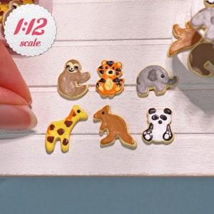 1:12 Miniature Cookies - Zoo Animals (6pc), Mini Sugar Cookies for One-Inch Scale Dollhouse, Miniature Box of Cookies, Dollhouse Food