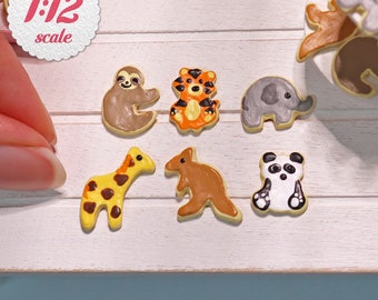 1:12 Miniature Cookies - Zoo Animals (6pc), Mini Sugar Cookies for One-Inch Scale Dollhouse, Miniature Box of Cookies, Dollhouse Food