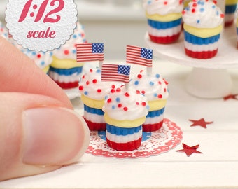 1:12 Miniature Cupcakes - Independence Day (3pc), 4th of July Cupcakes for One-inch Scale Dollhouse