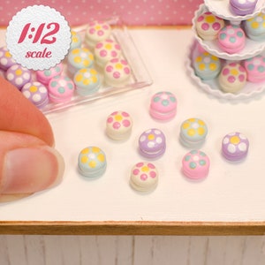 1:12 Miniature Macarons - Pastel w/ Flowers (8pc), Macarons for Dollhouse, Miniature French Macaroon Cookies