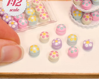 1:12 Miniature Macarons - Pastel w/ Flowers (8pc), Macarons for Dollhouse, Miniature French Macaroon Cookies