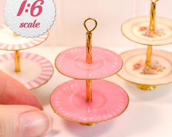 1:6 Scale Miniature 2-Tier Dessert Stand, Playscale Dollhouse Tiered Tray, Mini Tea Display
