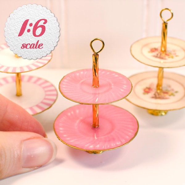 1:6 Scale Miniature 2-Tier Dessert Stand, Playscale Dollhouse Tiered Tray, Mini Tea Display