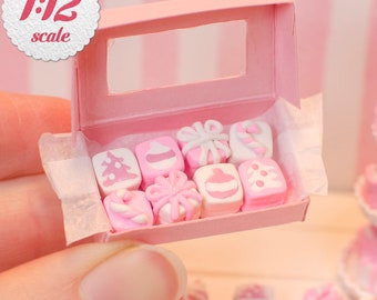 1:12 Miniature Petit Fours - Pink Christmas (8pc), Christmas Cakes for One Inch Scale Dollhouse