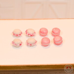 1:12 Miniature Macarons Pink & White Pearl 8pc, Peppermint Macaroons for One Inch Scale Dollhouse, Miniature French Macaron Cookies image 5