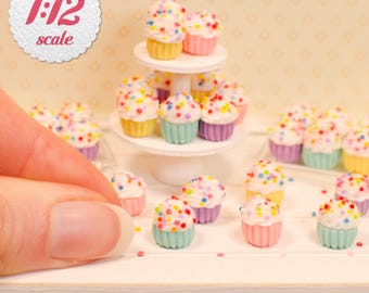 1:12 Miniature Cupcakes - Vanilla Sprinkle, One Inch Scale Dollhouse Food
